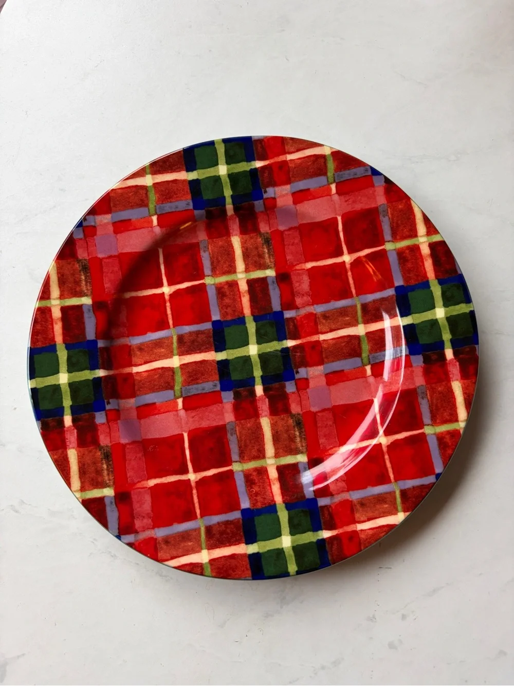 NWT Anthropologie Tartan Stoneware Dessert Plate, Hand-Painted, Red